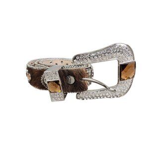 BHW Medium Womens Western Cowgirl Bling Calf Hair Genuine Leather Logo Belt 39"
